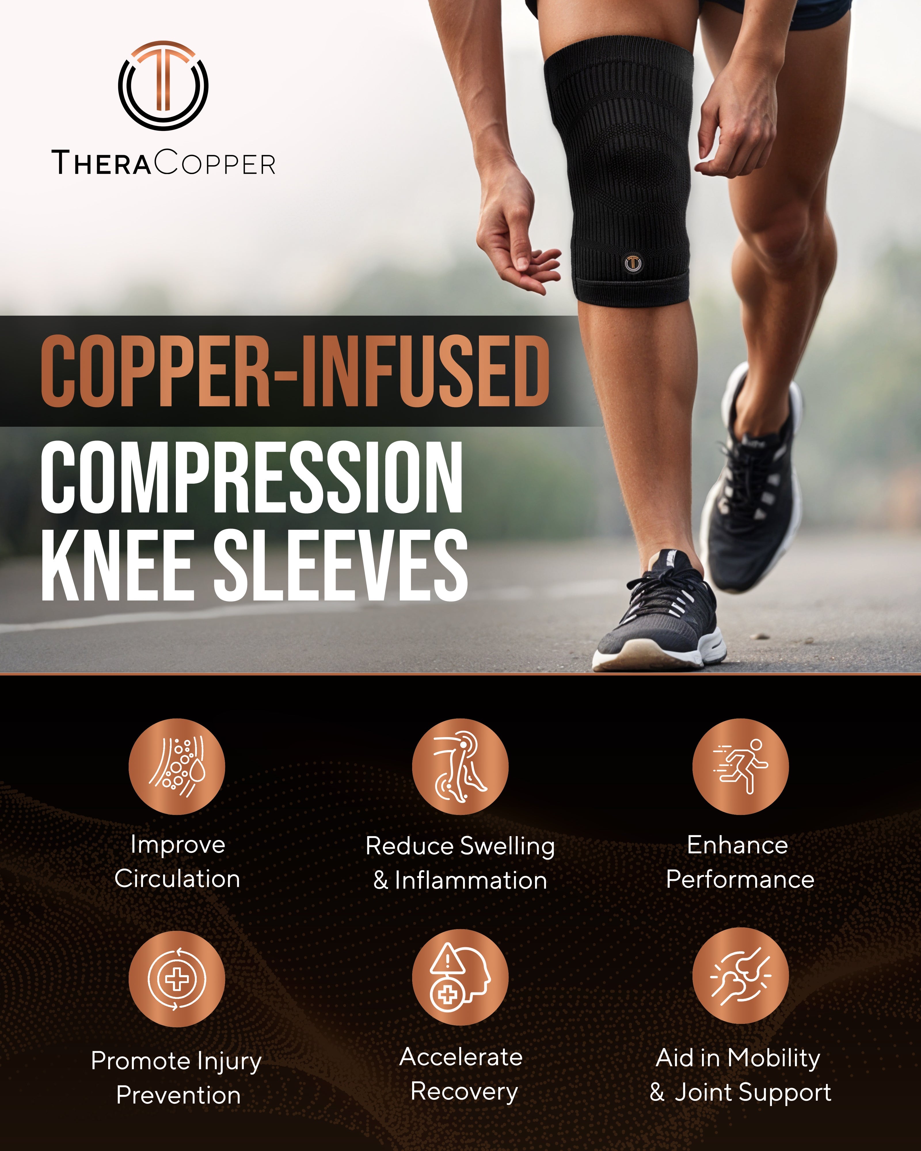 Copper Compression Knee Sleeves 2-Pack Support Sports Fitness Knee Braces