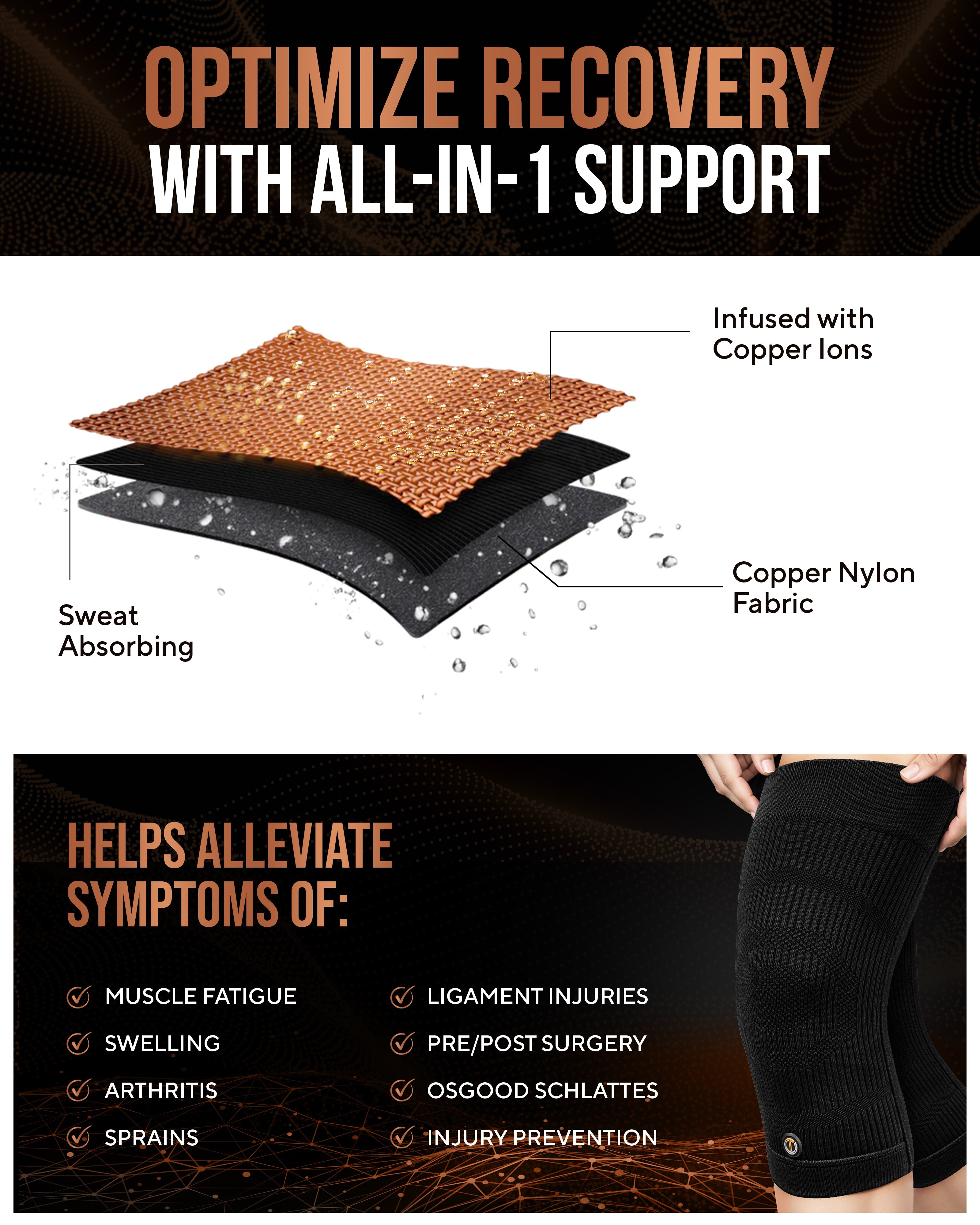 Copper Compression Knee Sleeves 2-Pack Support Sports Fitness Knee Braces