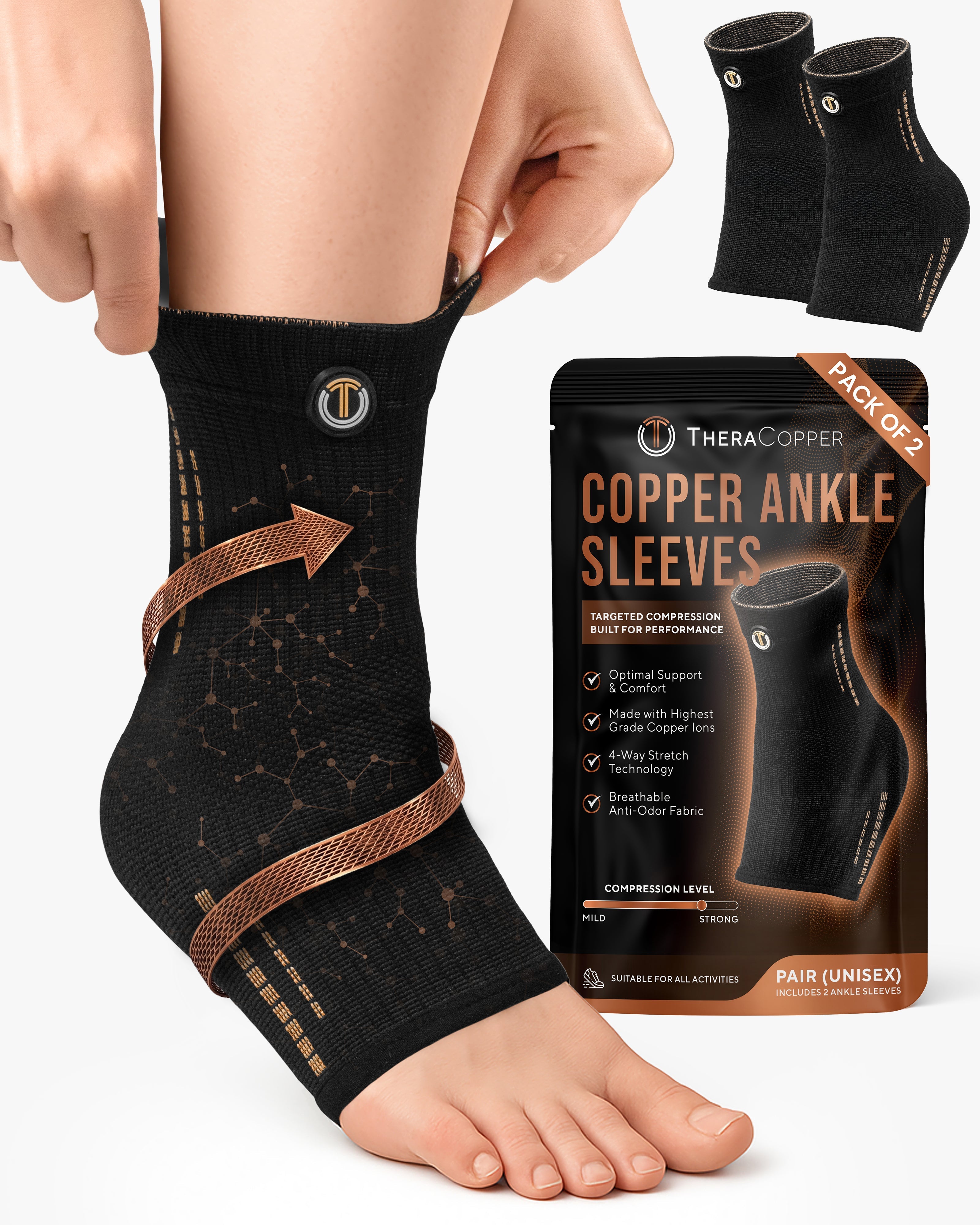 Copper Compression Ankle Brace Sleeves Two Pack Support
