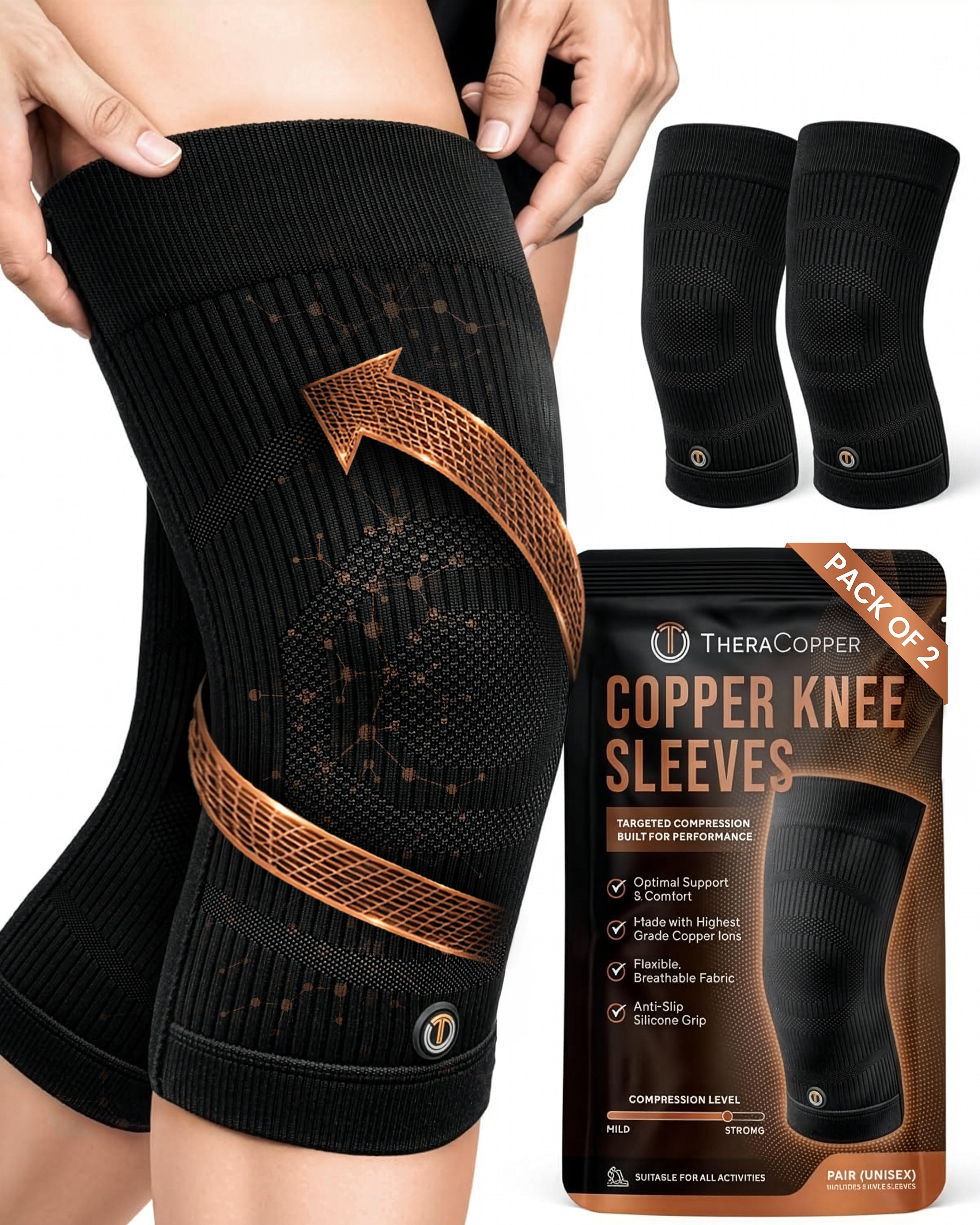 Copper Compression Knee Sleeves 2-Pack Support Sports Fitness Knee Braces